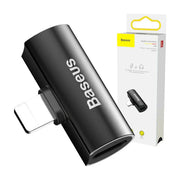 倍思 Baseus L46 黑色音频转换器及其白色外包装盒，展示产品外观与接口细节。