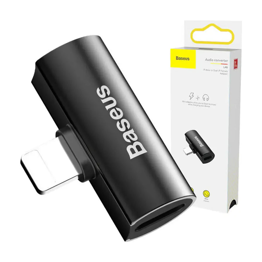 倍思 Baseus L46 黑色音频转换器及其白色外包装盒，展示产品外观与接口细节。