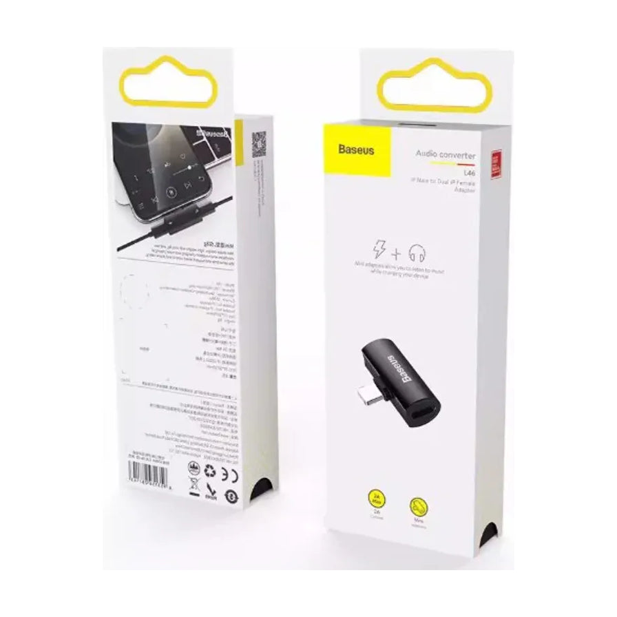 倍思 Baseus L46 音频转换器的外包装盒正反面展示，包含产品使用示意图及规格说明。