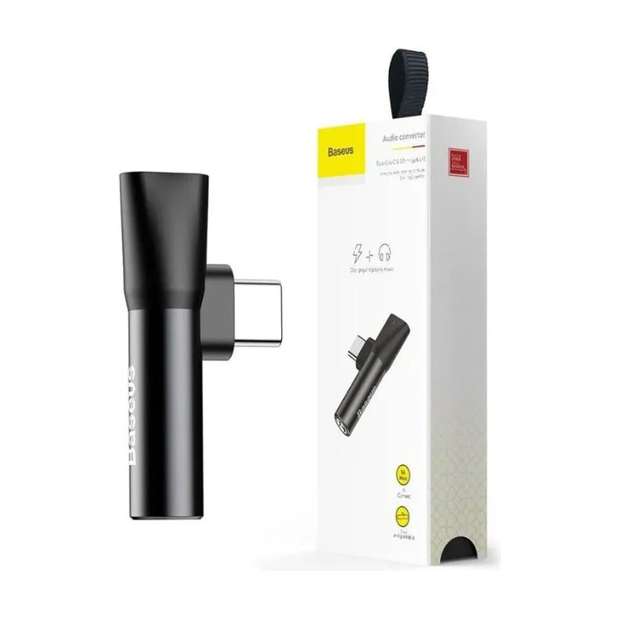 倍思 Type - C 转 3.5mm 音频转换器及其白色包装盒，展示直插式黑色金属质感转换器外观。