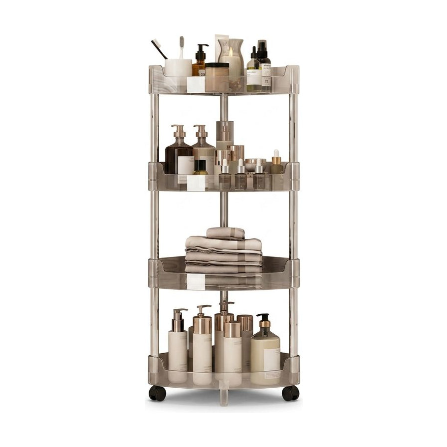 四层透明浴室三角收纳架，带有移动滑轮，摆放着洗发水、沐浴露和毛巾，白色背景。
