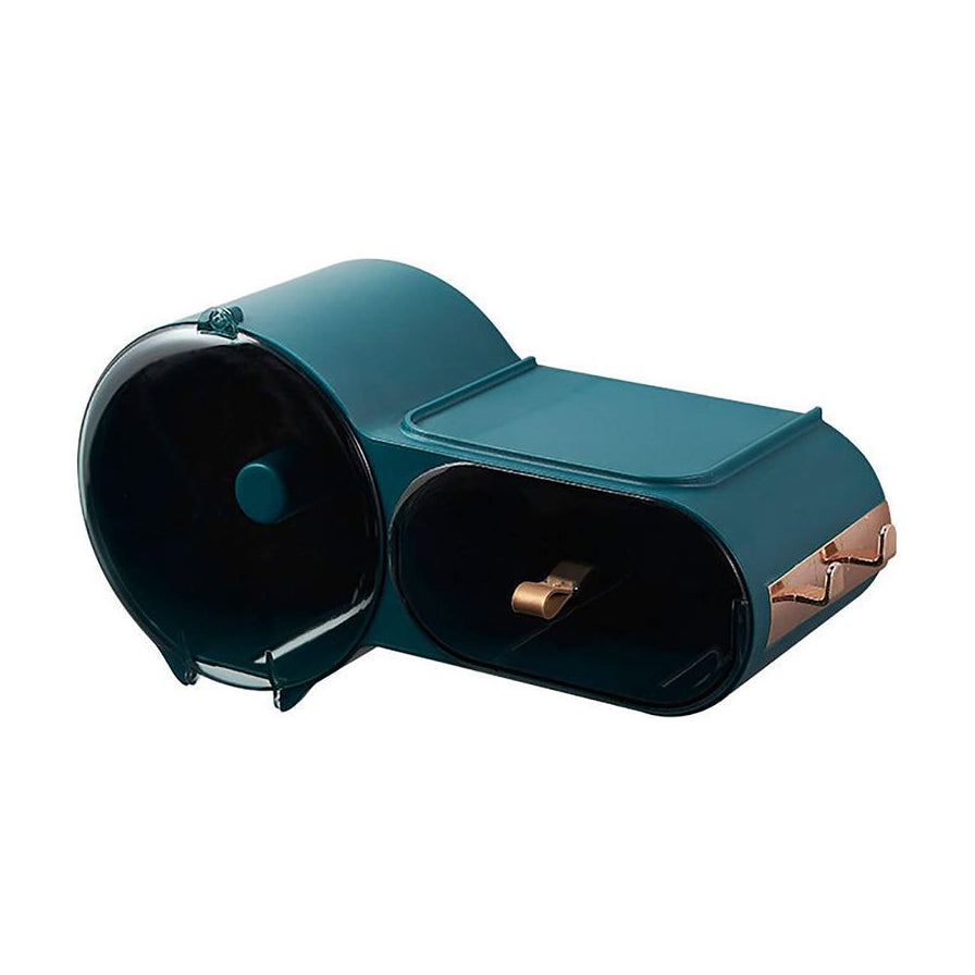 绿色浴室洗脸巾收纳盒产品图，展示圆筒形防尘盖和底部抽拉口细节，白色背景。