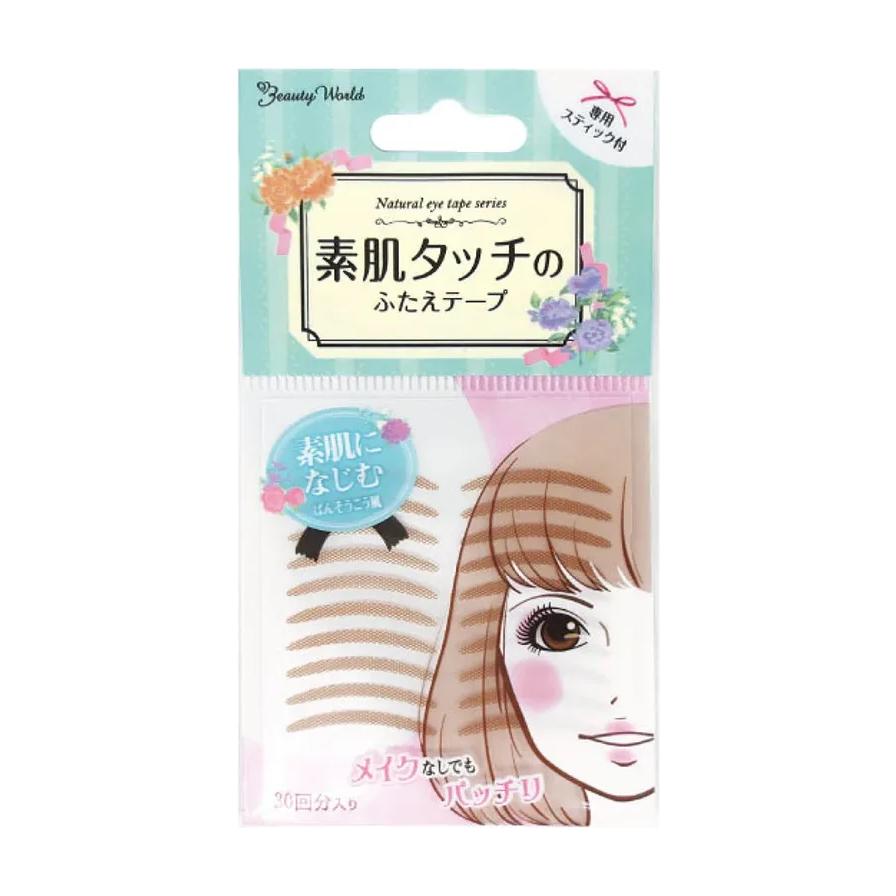 Beauty World 素肌美人双眼皮贴产品包装正面图，展示日式花卉设计与眼部示意图。