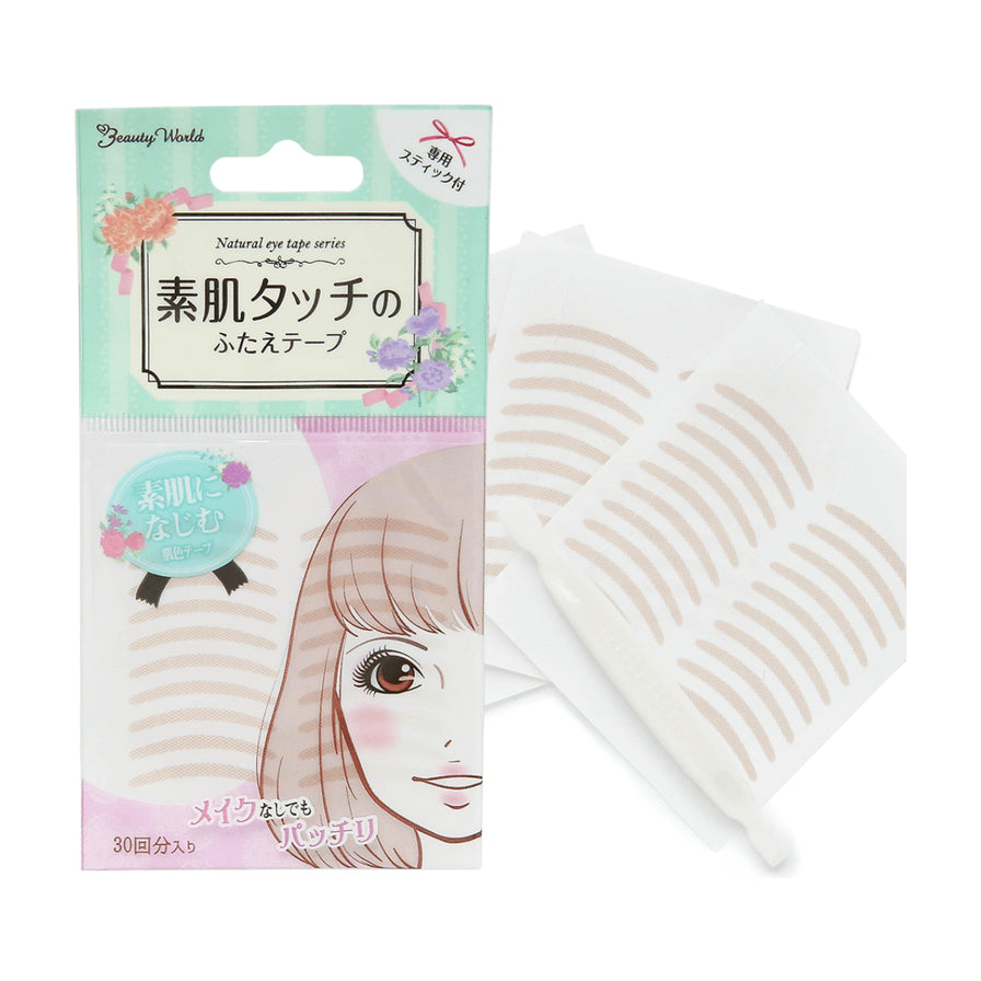 Beauty World 双眼皮贴包装与内部贴纸实物展示，可见多排肤色隐形胶带排列。