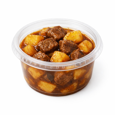 加热即食的土豆炖牛肉预制菜，大块牛腩与软糯土豆浸在浓郁酱汁中，盛放在透明餐盒内。