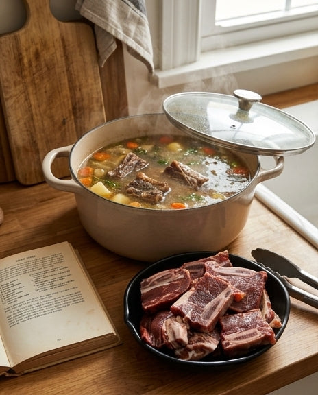 煲汤专用牛仔骨侧面展示，骨肉比例适中，适合留学生宿舍小锅炖煮或熬夜暖胃。