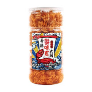 辈儿香香辣味蟹味卷罐装零食正面图，透明塑料罐内装满橙色螺旋状膨化食品，标签印有红色螃蟹图案及“香辣”、“蟹味卷”字样。