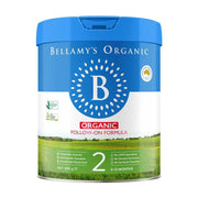 Bellamy's Organic 贝拉米有机 2 段较大婴儿配方奶粉 800g 罐装正面图，带有蓝色顶盖和有机认证标志。