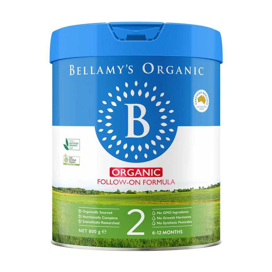 Bellamy's Organic 贝拉米有机 2 段较大婴儿配方奶粉 800g 罐装正面图，带有蓝色顶盖和有机认证标志。