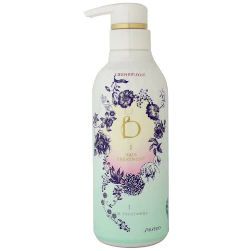 资生堂碧丽妃护发素单瓶，带有紫色花卉图案的渐变绿色瓶身和白色泵头。