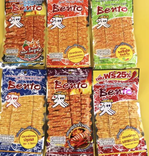 泰国 Bento 鱿鱼片多口味包装展示，独立小袋零食