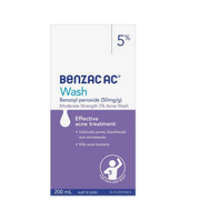 Benzac AC Wash 5% 过氧化苯甲酰祛痘洁面液 200mL 白色瓶身正面图