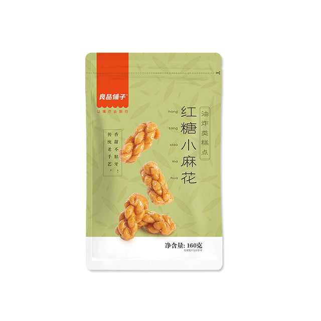 良品铺子红糖小麻花包装正面，清晰展示品牌 Logo 和产品名称。