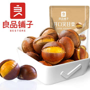 良品铺子开口笑甘栗包装背面，展示配料表、营养成分及高温蒸煮工艺说明