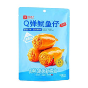 良品铺子Q弹鱿鱼仔香辣味蓝色包装袋，正面展示了填充饱满鱼籽的鱿鱼仔特写，配有辣椒装饰和高蛋白标识。