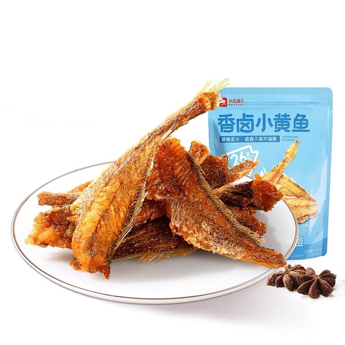 良品铺子香卤味小黄鱼干正面包装图，醇厚入味即食鱼干