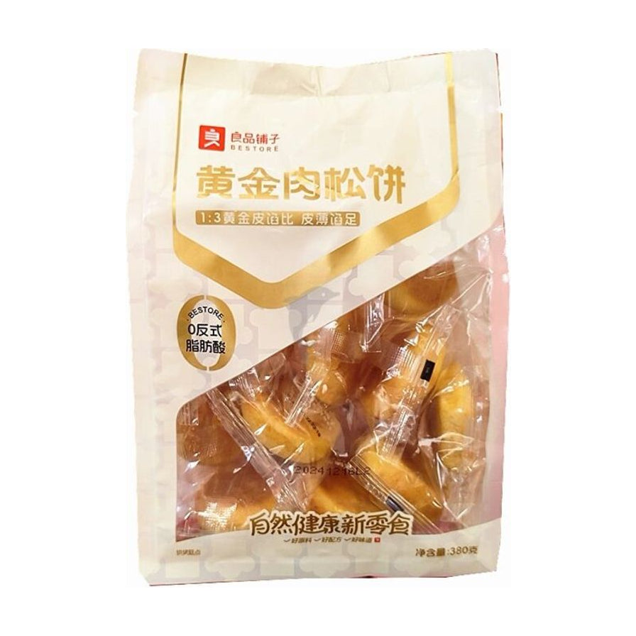 良品铺子黄金肉松饼大包装，内含多个独立小包装肉松饼，包装袋上印有黄金皮馅比、皮薄馅足等字样。