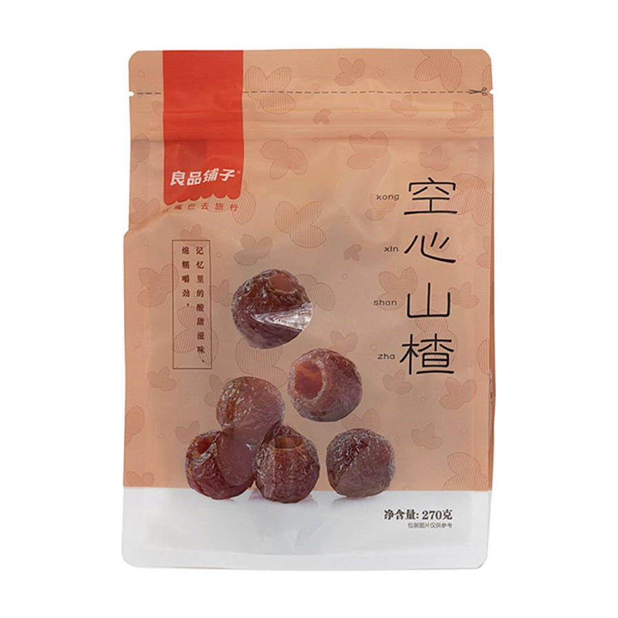 良品铺子空心山楂270g包装正面图，展示了去核山楂果肉图案及品牌标识。