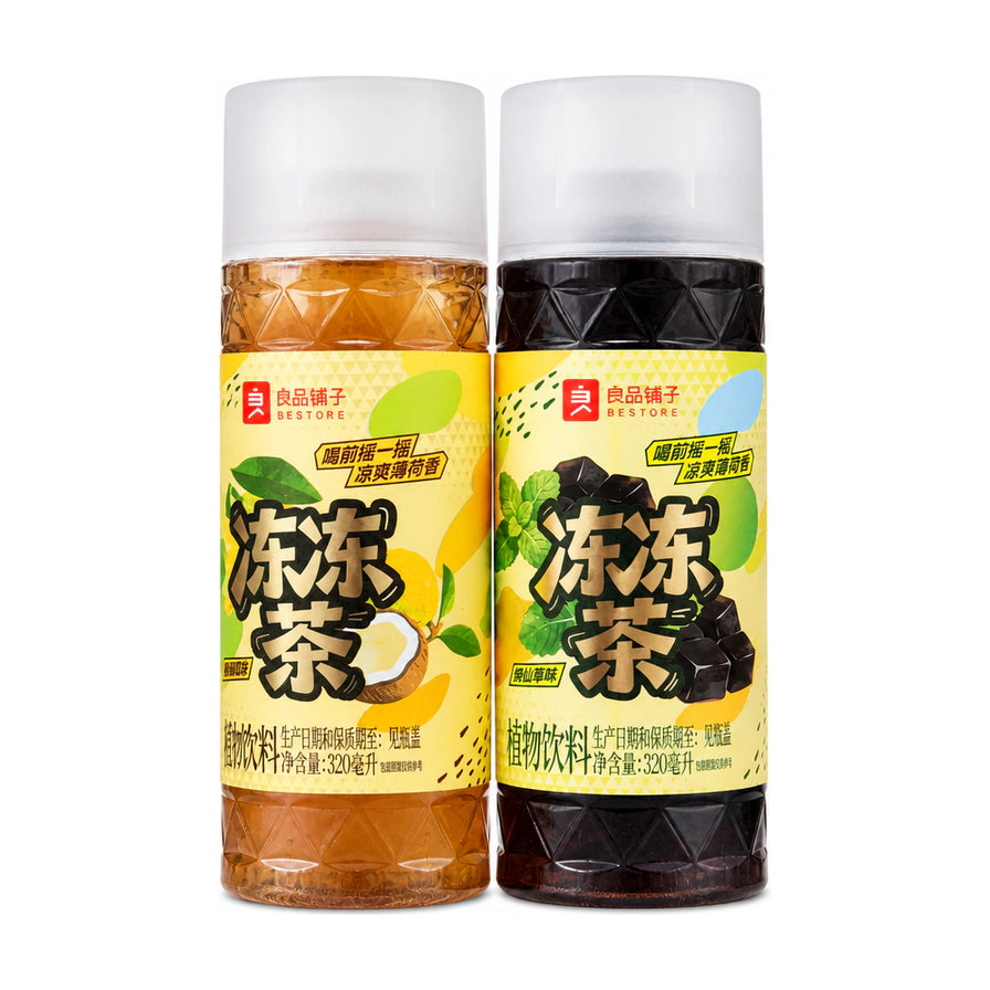 良品铺子冻冻茶两瓶装，包含枇杷椰椰和烧仙草两种口味，瓶身印有冻冻茶字样及对应口味图案，白色背景。