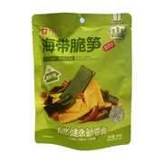 良品铺子海带脆笋香辣味160g包装正面图，展示海带片、笋丝和红辣椒图案，标注膳食纤维及福建南日岛海带。