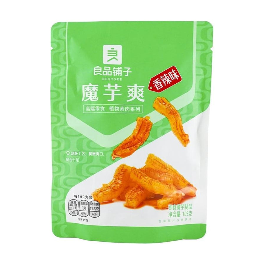 良品铺子魔芋爽香辣味包装正面图，绿色包装袋上印有魔芋爽产品图和香辣味标识，净含量105克。
