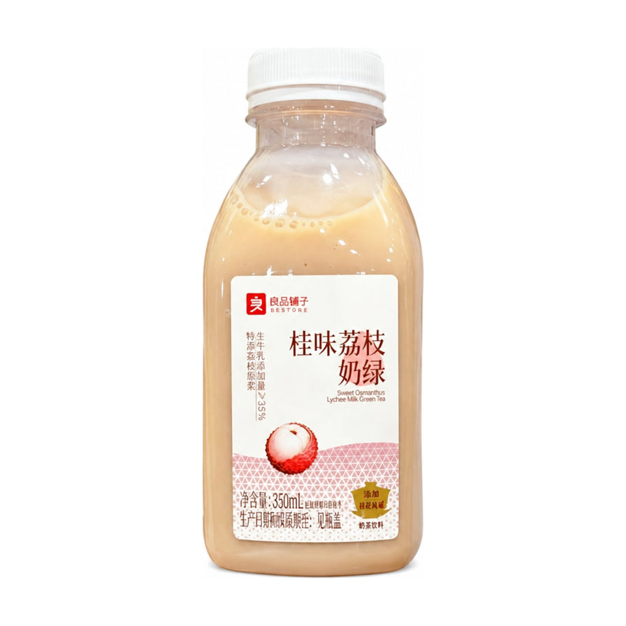 良品铺子桂味荔枝奶绿，瓶装展示奶茶色泽与荔枝图案标签
