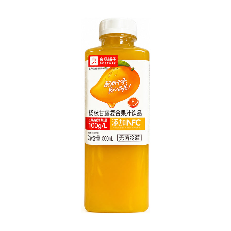 良品铺子杨枝甘露复合果汁饮品，500ml瓶装，白色背景，瓶身印有芒果图案及添加NFC、无菌冷灌字样。