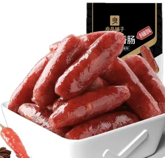 良品铺子迷你小香肠香辣脆骨味包装，展示独立小袋设计与产品外观。