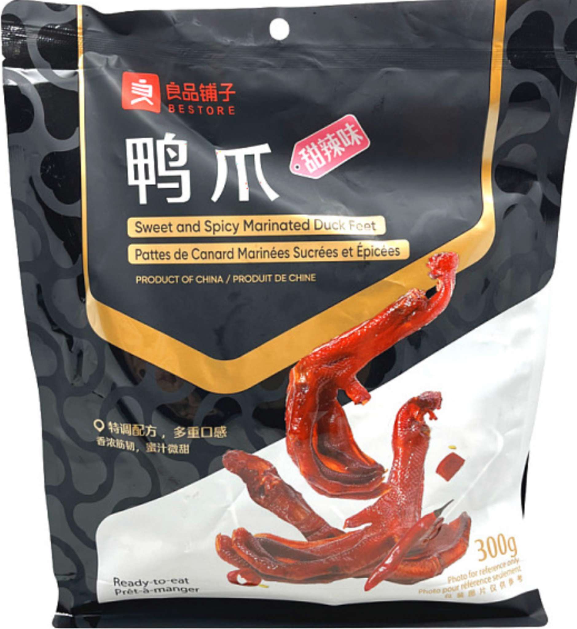 良品铺子甜辣味卤鸭爪 300g 大包装，展示 1 包与 3 包规格选项的休闲零食实拍图