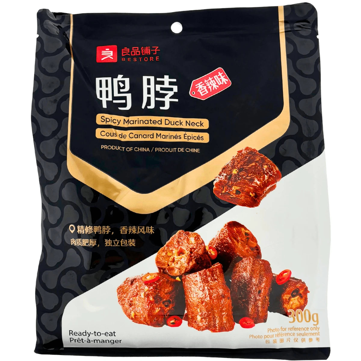 良品铺子香辣味卤味鸭脖包装图，色泽红亮，独立小包设计，方便携带与分享。