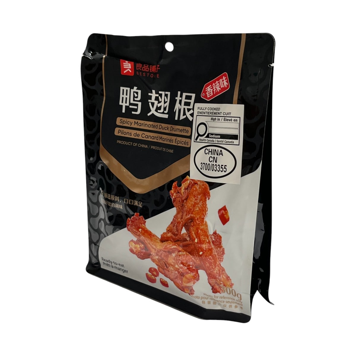良品铺子香辣味鸭翅中 300g 产品正面图，红色包装袋上印有品牌与口味信息。