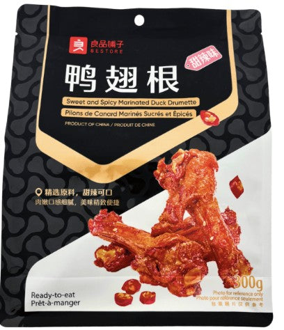 良品铺子甜辣鸭翅根独立小包装展示，包含 1 包和 3 包规格选项