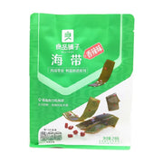良品铺子香辣海带218g包装正面图，绿色包装袋上印有海带片图案，标注精选南日岛海带。