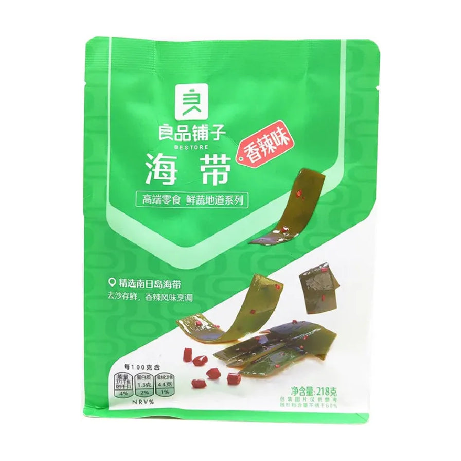 良品铺子香辣海带218g包装正面图，绿色包装袋上印有海带片图案，标注精选南日岛海带。