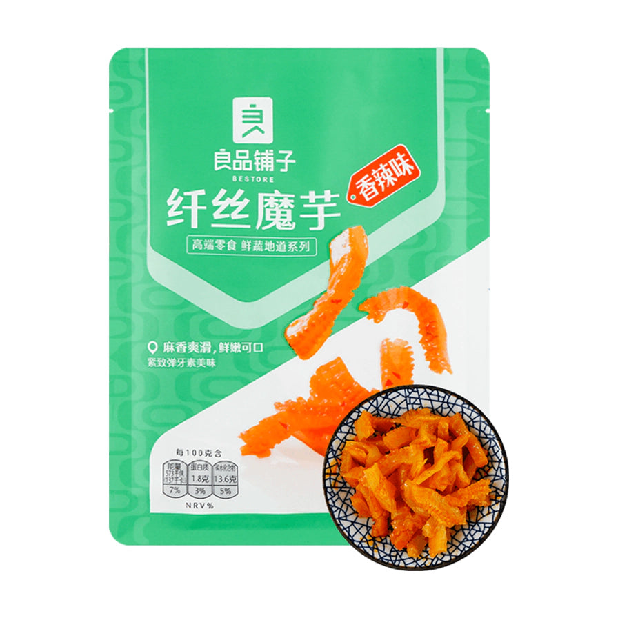 良品铺子纤丝魔芋香辣味包装图，绿色包装袋上印有魔芋丝图案，右下角展示一小碗盛放的香辣素毛肚。