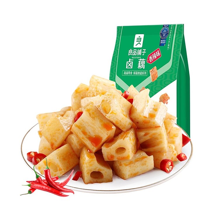 良品铺子香辣卤藕零食包装正面图，展示红色包装袋与品牌标识