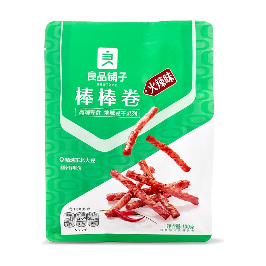 良品铺子棒棒卷火辣味绿色包装袋正面，标有“高端零食 地域豆干系列”及净含量100克。