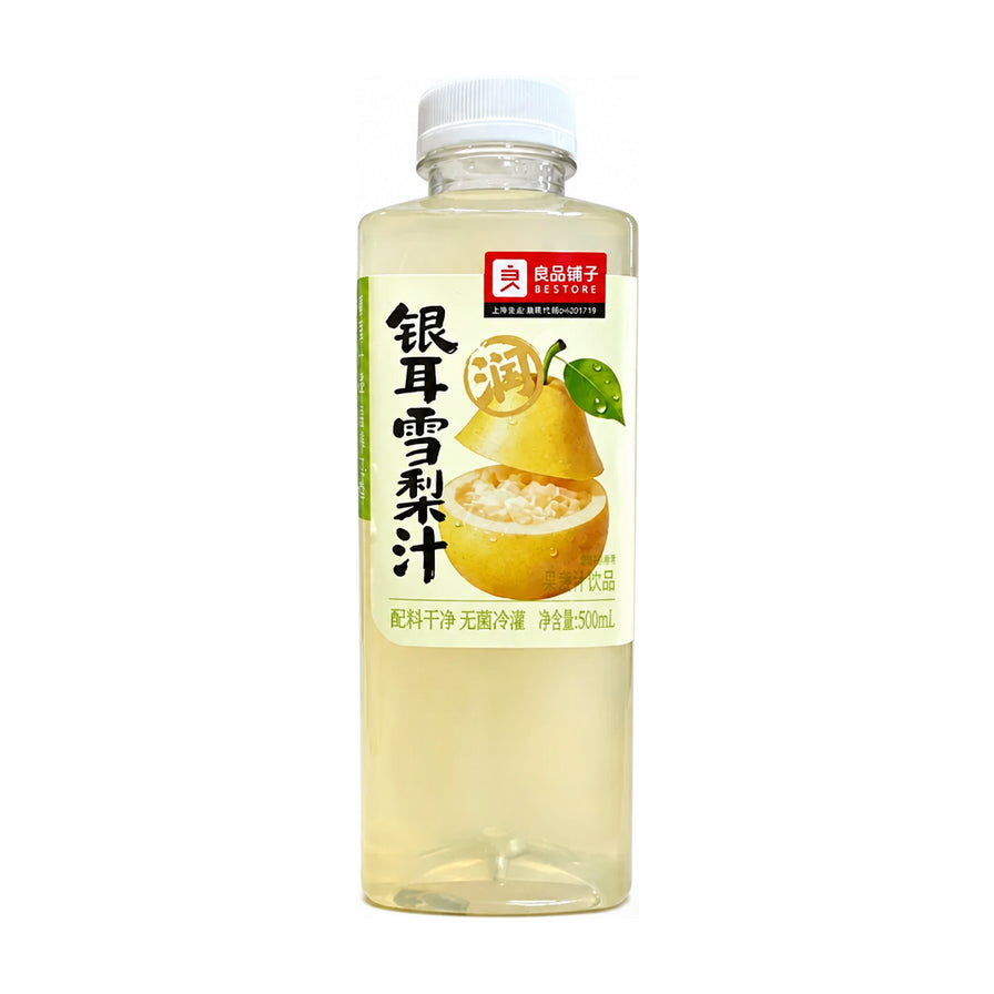 良品铺子银耳雪梨汁果蔬汁饮品，500ml瓶装，白色背景，瓶身印有雪梨和银耳图案，标注无菌冷灌。