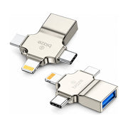 两个毕亚兹三合一OTG转接头在白色背景下的展示，展示了Lightning、Type - C、Micro USB接口和USB3.2母口，金属质感外壳。