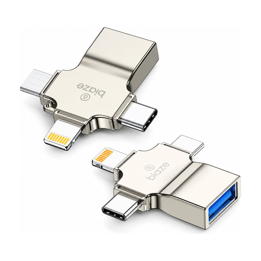 两个毕亚兹三合一OTG转接头在白色背景下的展示，展示了Lightning、Type - C、Micro USB接口和USB3.2母口，金属质感外壳。