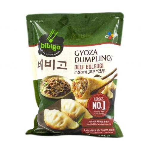 Bibigo 韩式牛肉煎饺包装图，600g 规格，经典牛肉馅料免解冻烹饪
