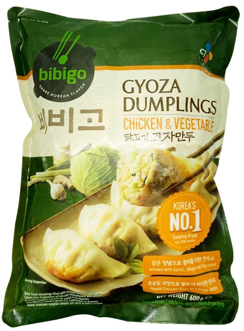 Bibigo 韩式鸡肉煎饺包装图，600g 规格，清淡鸡肉蔬菜口味适合轻食