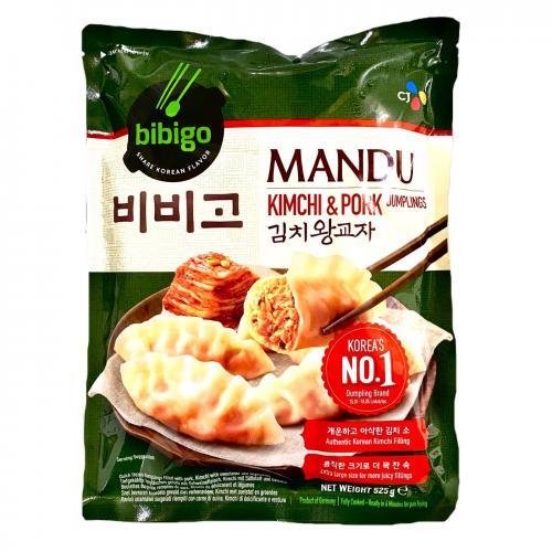 Bibigo 韩式泡菜煎饺包装图，525g 规格，酸辣开胃适合搭配火锅或单吃