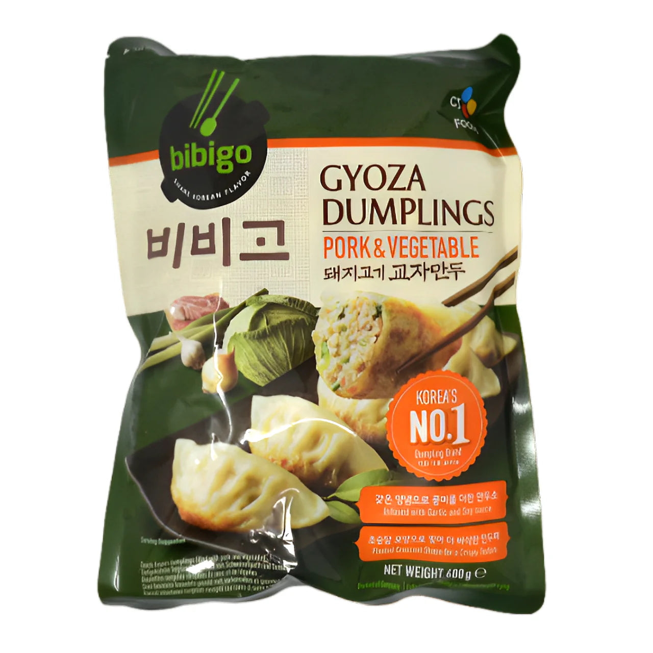 Bibigo 韩式猪肉煎饺包装图，600g 规格，适合冷冻速食早餐或夜宵