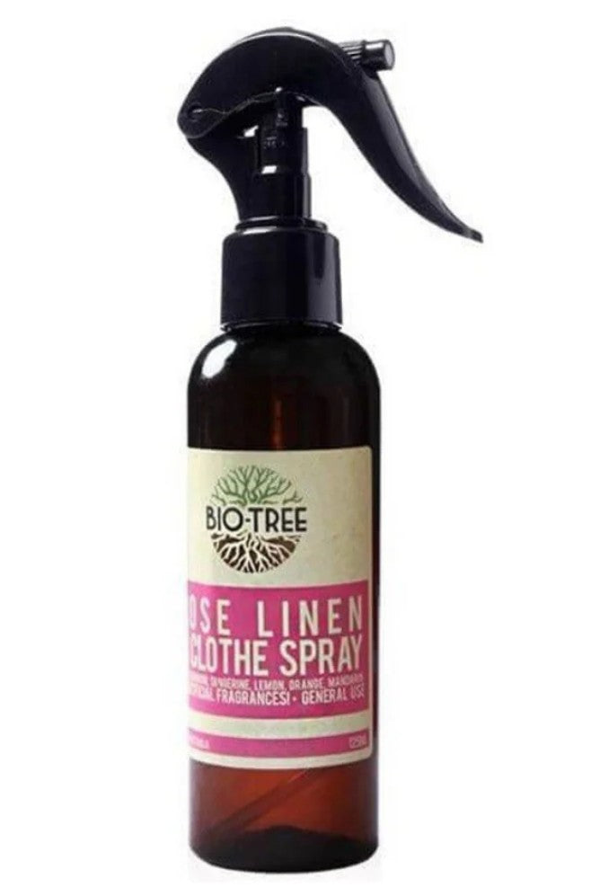 BIO - TREE 玫瑰亚麻衣物香氛喷雾 125ml 瓶身正面图，白色简约包装展示品牌与容量信息。