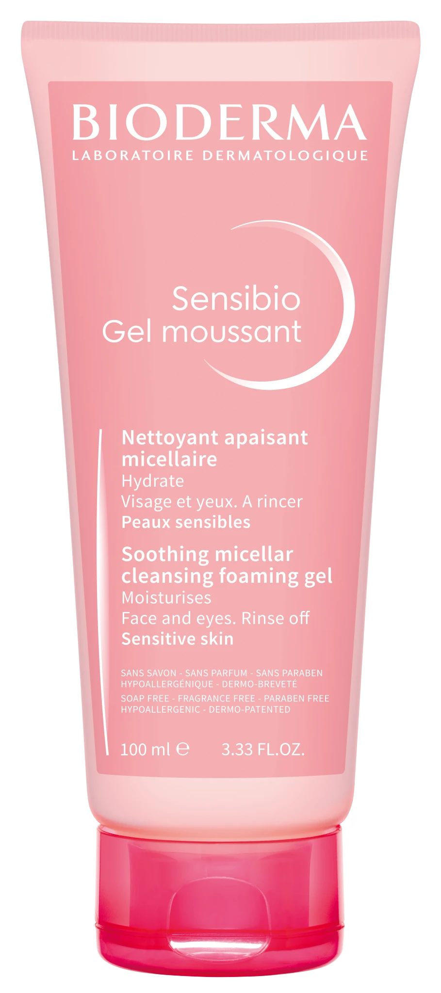 贝德玛舒妍洁肤凝胶 100ml 瓶身正面图，透明瓶身展示温和洁面产品