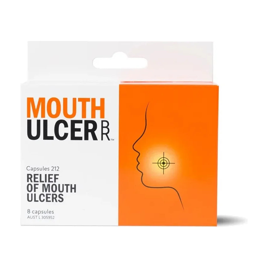 BioRevive 口腔溃疡修复胶囊 8粒装正视图，包装盒上印有 Mouth Ulcer Relief 字样及人脸侧面示意图。