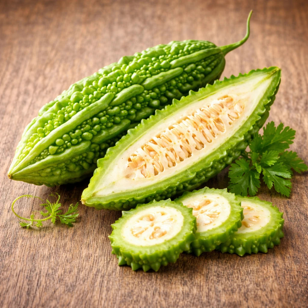 新鲜苦瓜商品图，呈现肉厚脆嫩的质感和自然色泽