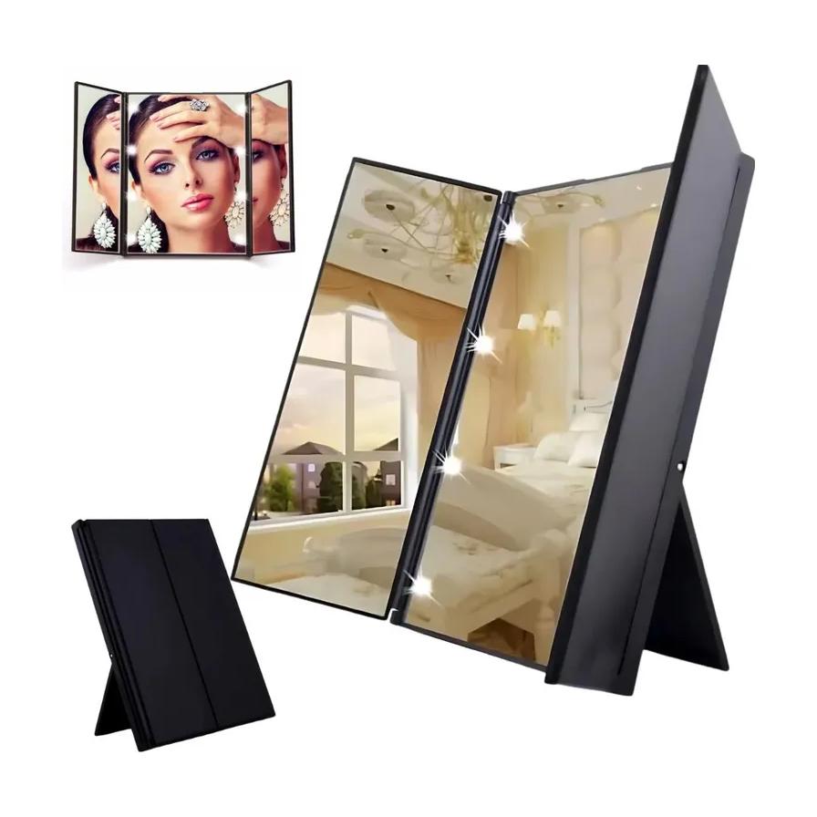 黑色三折化妆镜多角度展示，包含展开站立、折叠收纳及面部特写小图。