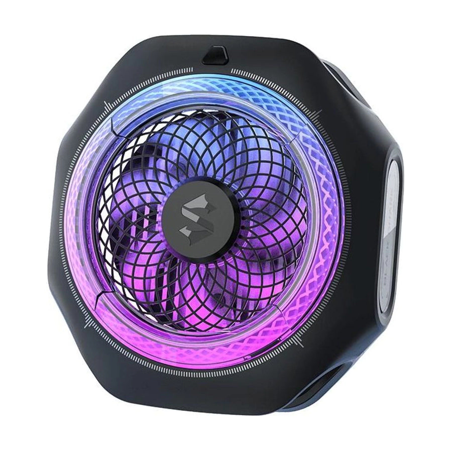 黑鲨冰封制冷背夹 4 Pro 磁吸版正面视角，展示紫色 RGB 环形灯效与 7 叶散热风扇。